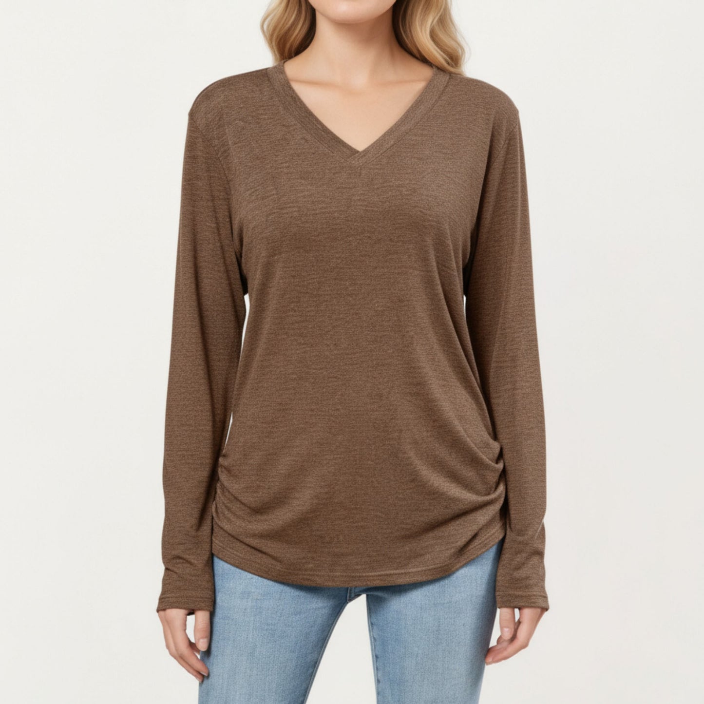 Long Sleeve V-Neck Top with Ruched Side Detailing