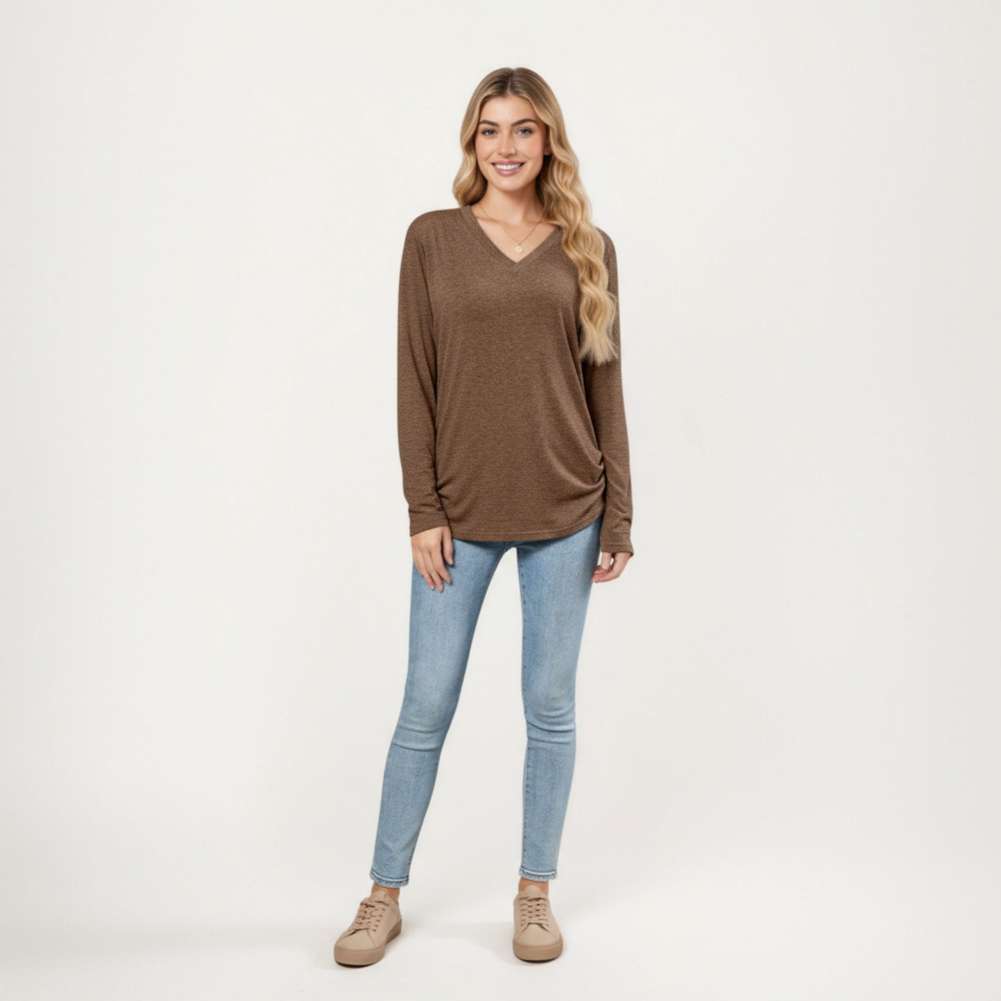Long Sleeve V-Neck Top with Ruched Side Detailing