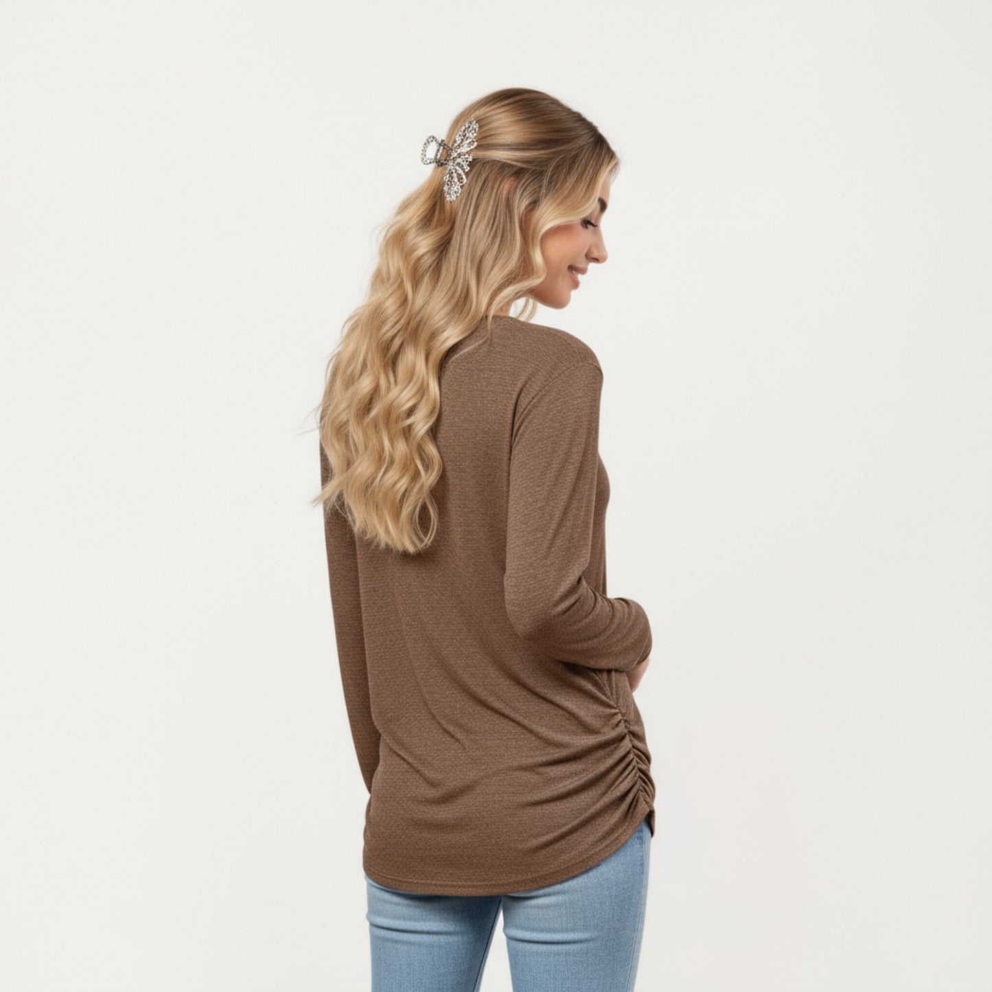 Long Sleeve V-Neck Top with Ruched Side Detailing