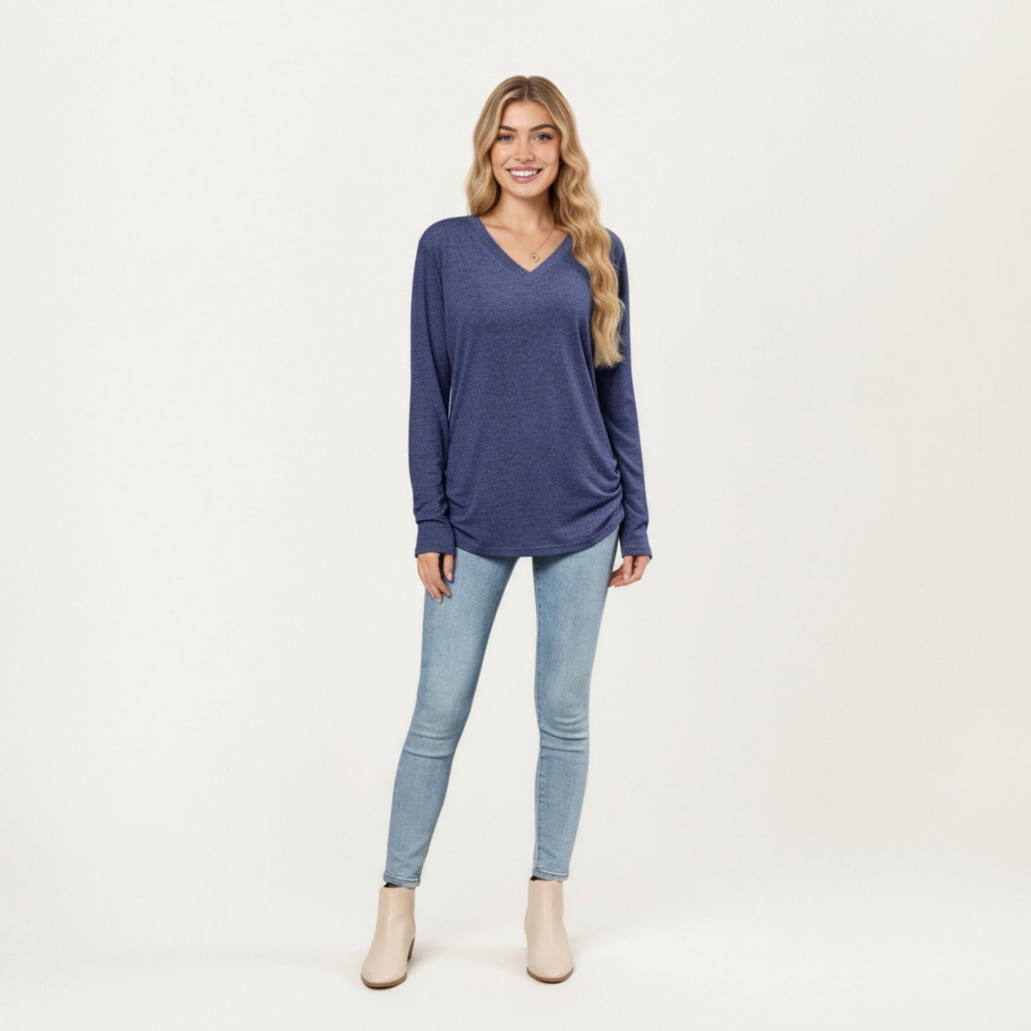 Long Sleeve V-Neck Top with Ruched Side Detailing