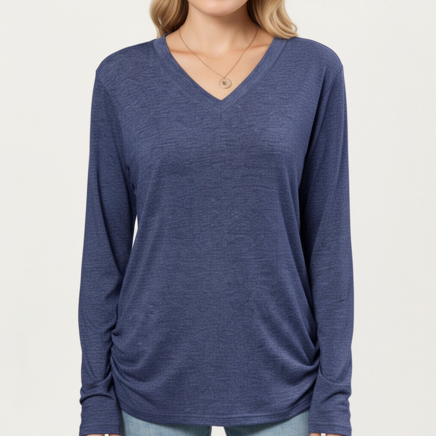 Long Sleeve V-Neck Top with Ruched Side Detailing