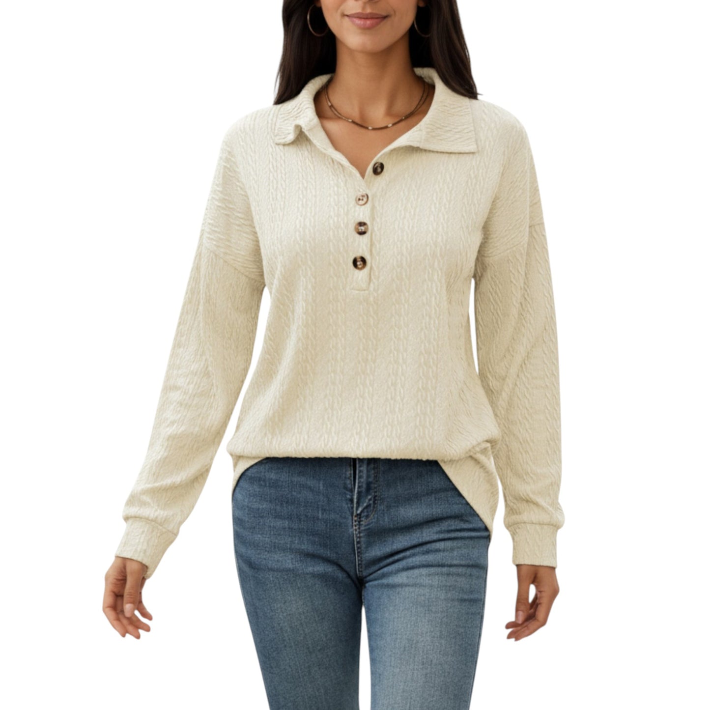 Collared Long Sleeve Button-Up Top with Textured Knit Design