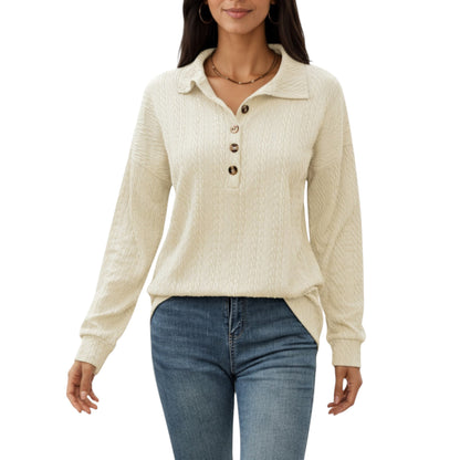 Collared Long Sleeve Button-Up Top with Textured Knit Design