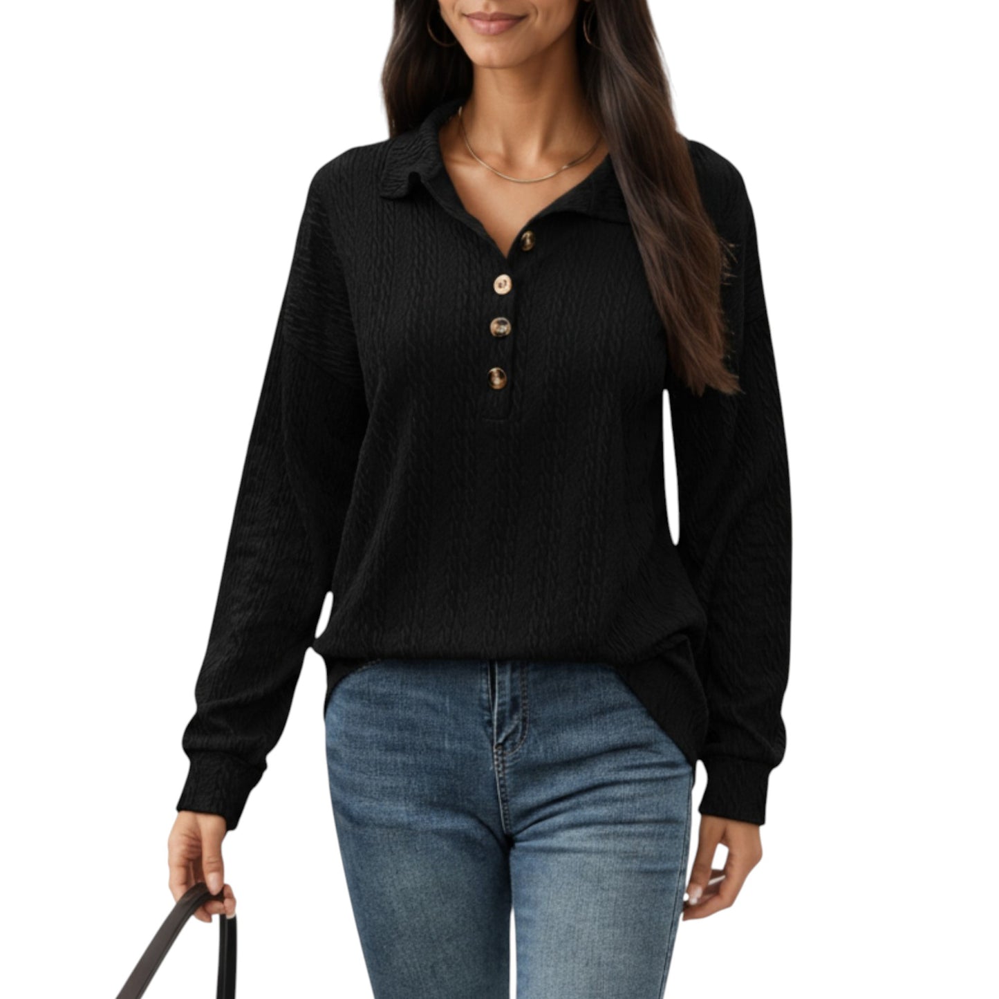 Collared Long Sleeve Button-Up Top with Textured Knit Design