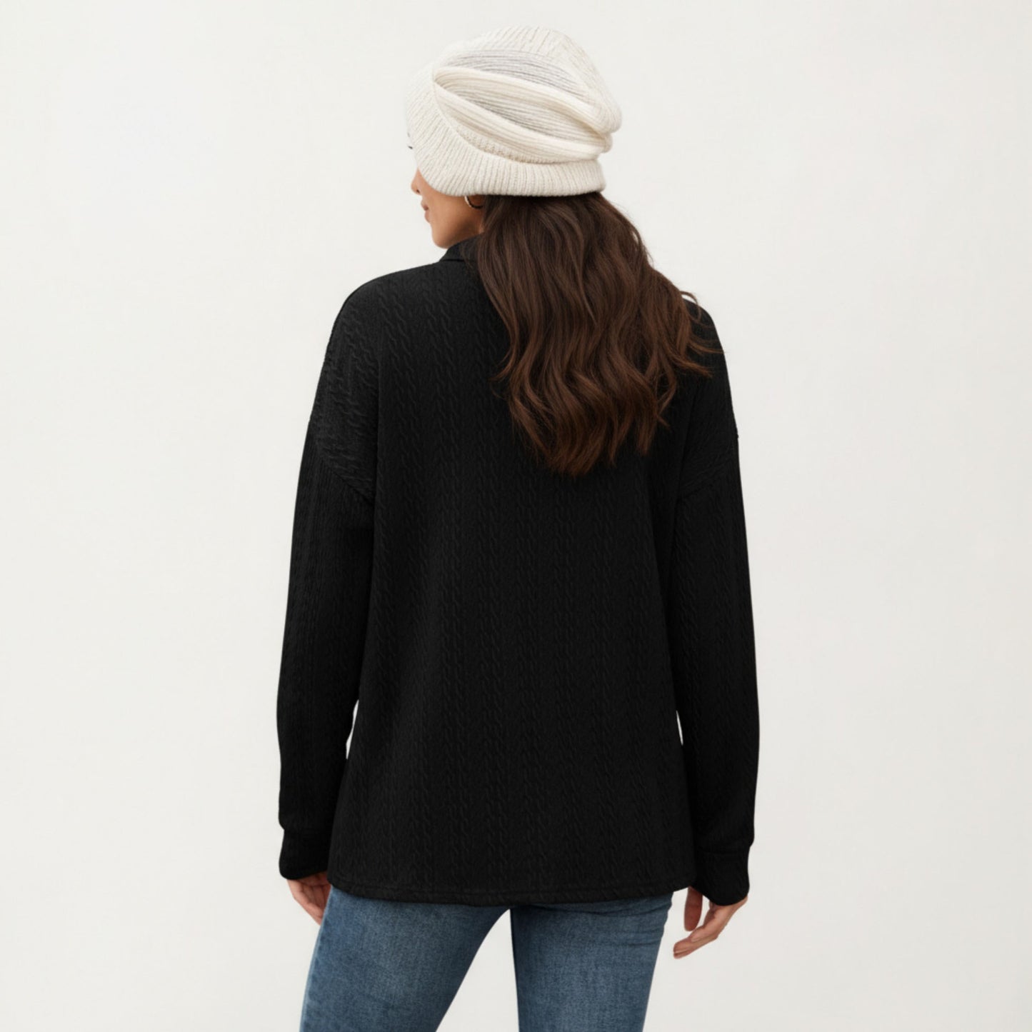 Collared Long Sleeve Button-Up Top with Textured Knit Design