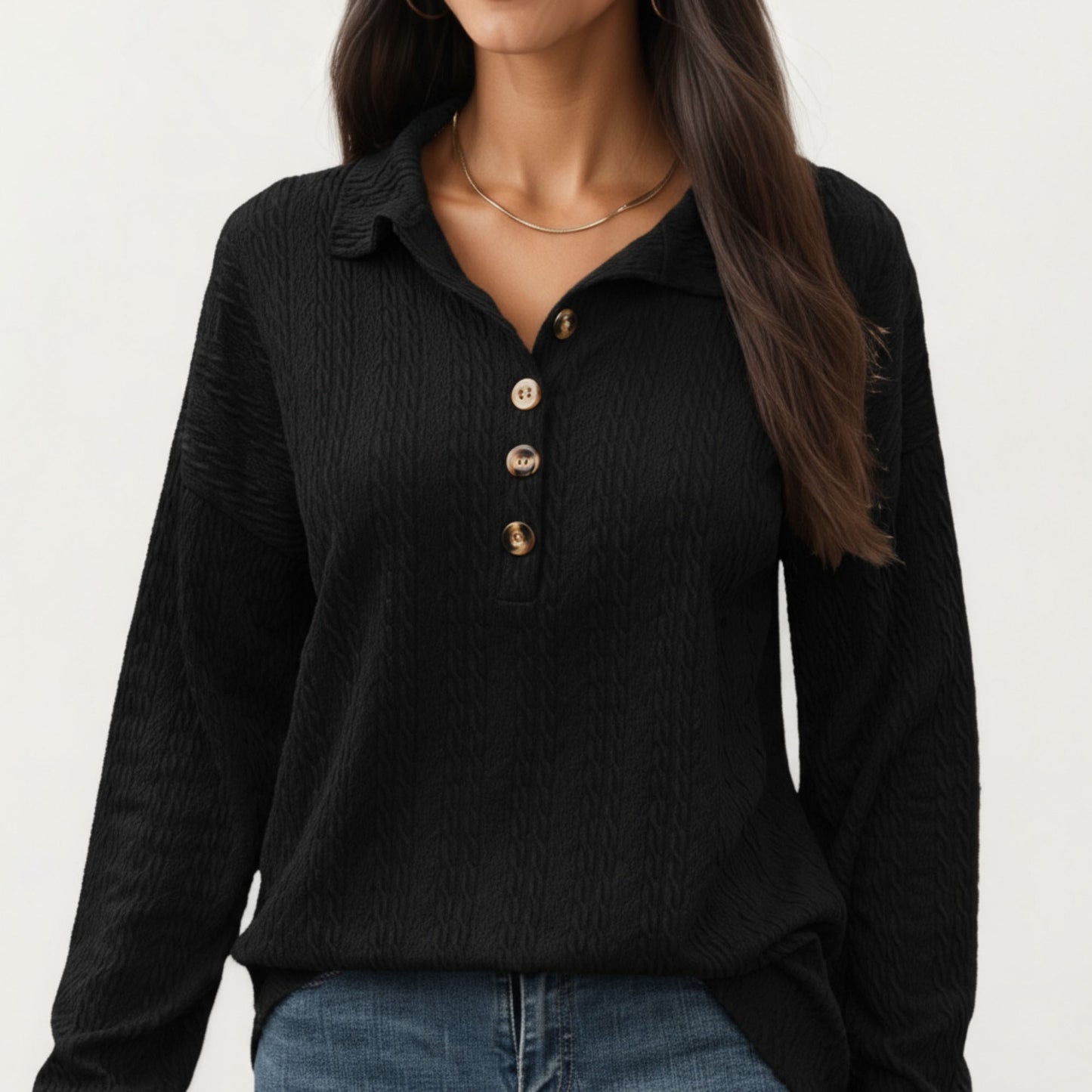 Collared Long Sleeve Button-Up Top with Textured Knit Design