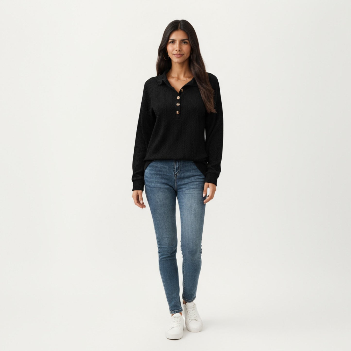 Collared Long Sleeve Button-Up Top with Textured Knit Design