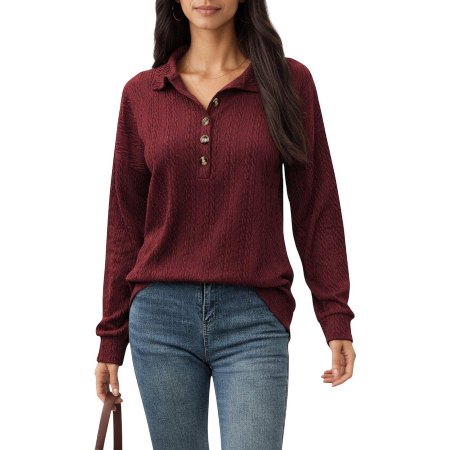 Collared Long Sleeve Button-Up Top with Textured Knit Design