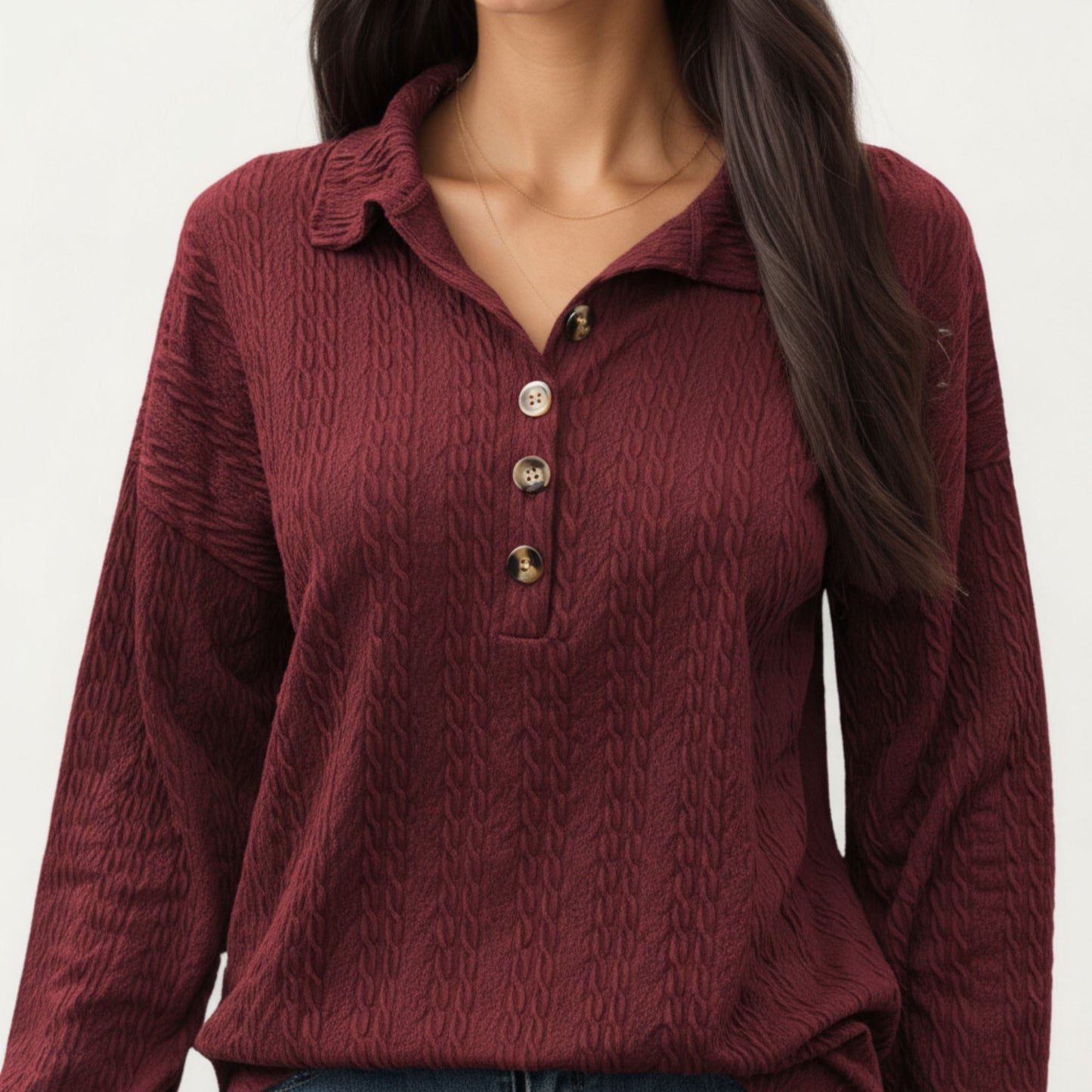 Collared Long Sleeve Button-Up Top with Textured Knit Design