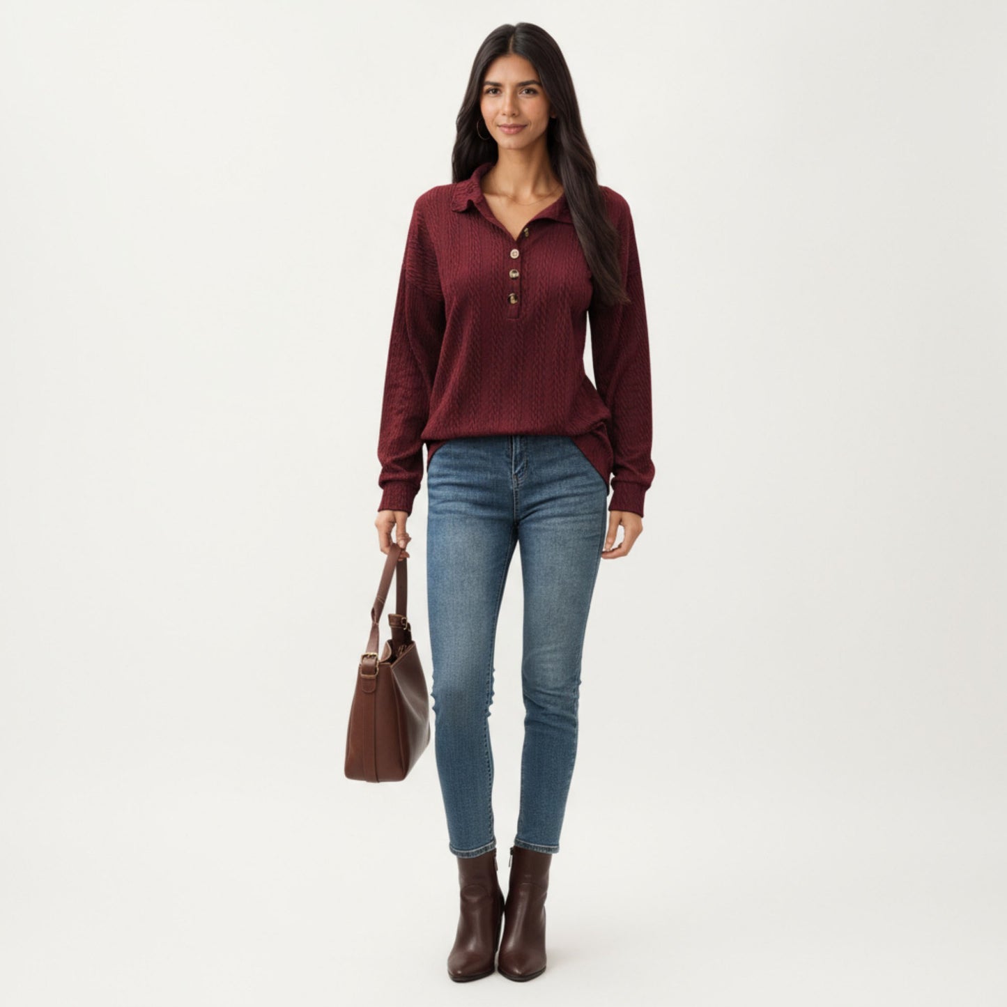 Collared Long Sleeve Button-Up Top with Textured Knit Design