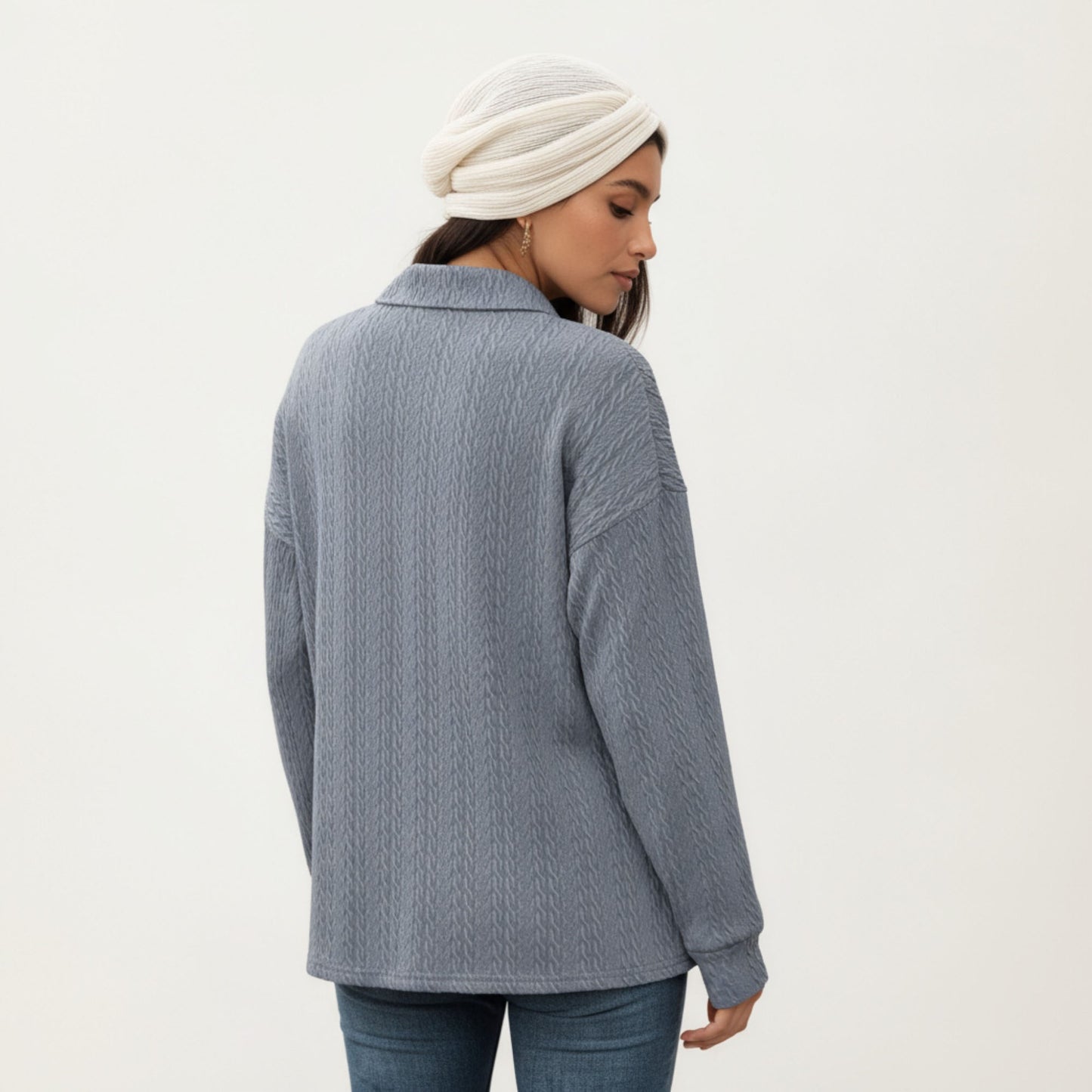 Collared Long Sleeve Button-Up Top with Textured Knit Design