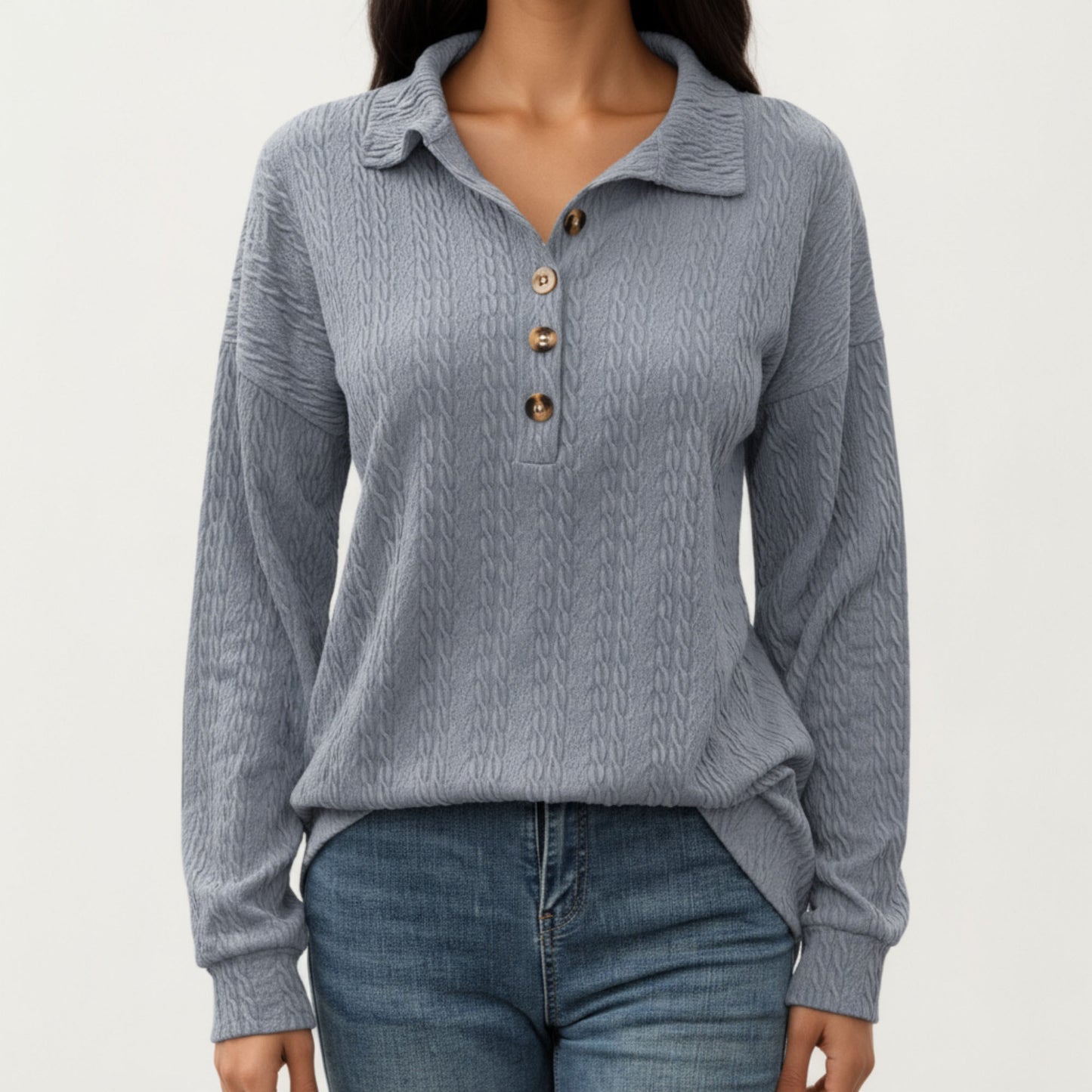 Collared Long Sleeve Button-Up Top with Textured Knit Design