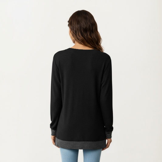 Long Sleeve V-Neck Top with Contrast Crochet Trim and Relaxed Hem