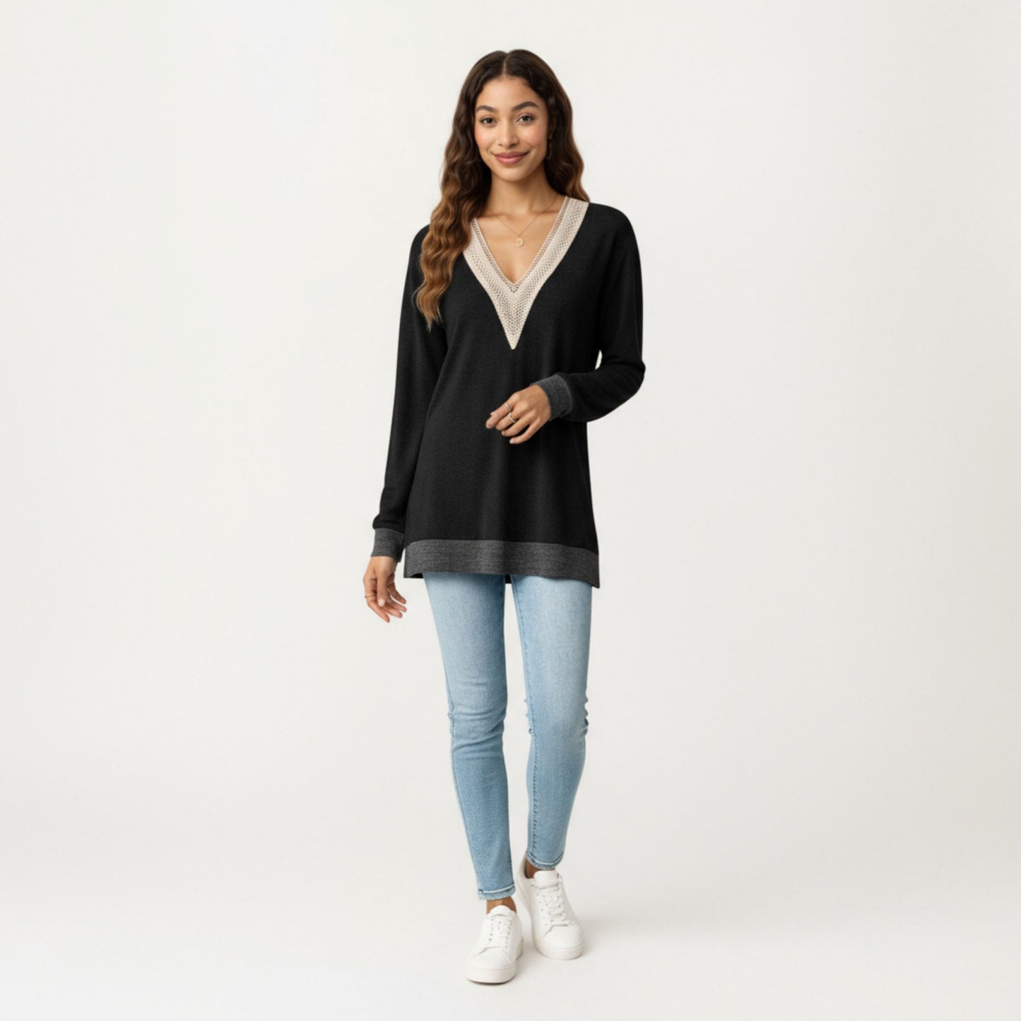Long Sleeve V-Neck Top with Contrast Crochet Trim and Relaxed Hem