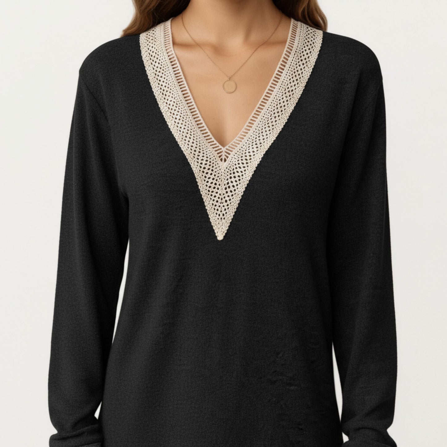 Long Sleeve V-Neck Top with Contrast Crochet Trim and Relaxed Hem