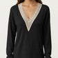 Long Sleeve V-Neck Top with Contrast Crochet Trim and Relaxed Hem