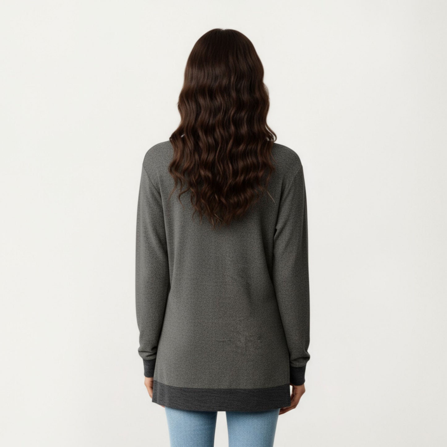 Long Sleeve V-Neck Top with Contrast Crochet Trim and Relaxed Hem