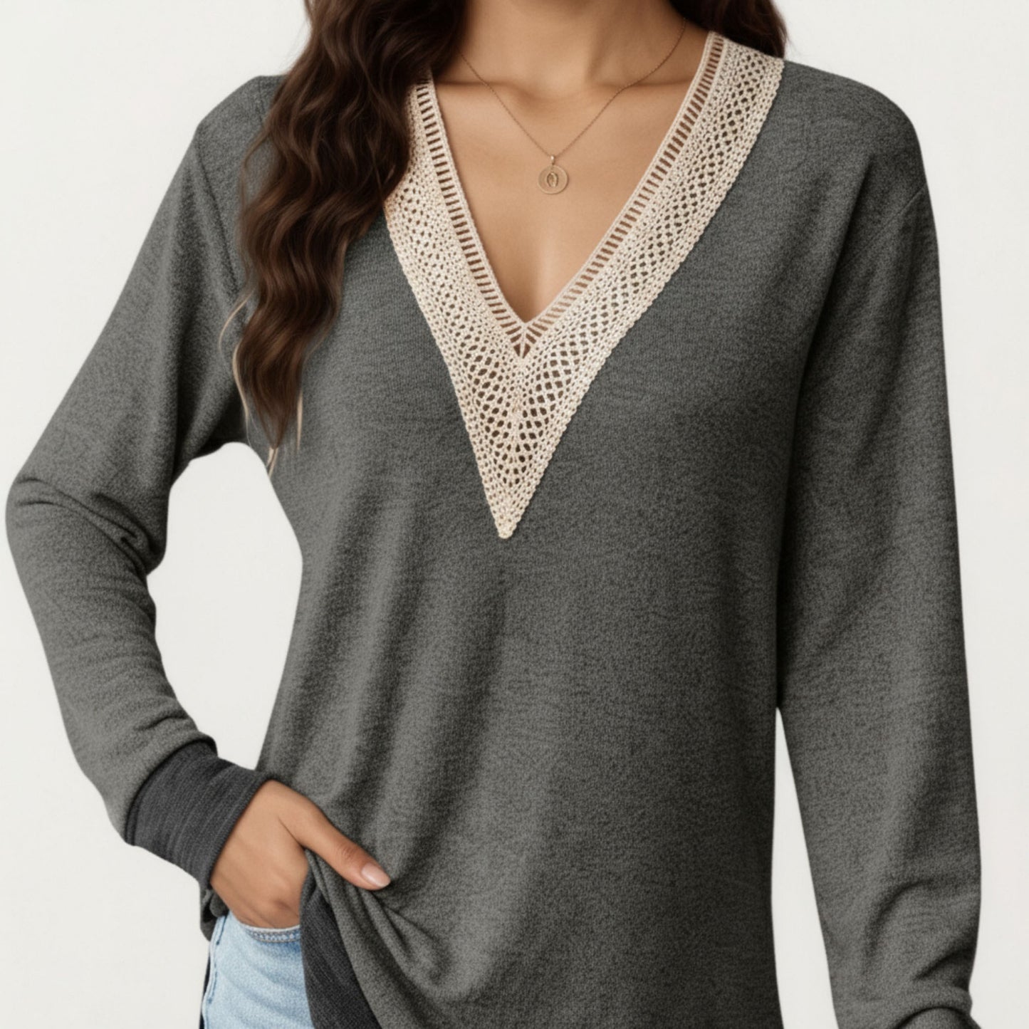 Long Sleeve V-Neck Top with Contrast Crochet Trim and Relaxed Hem