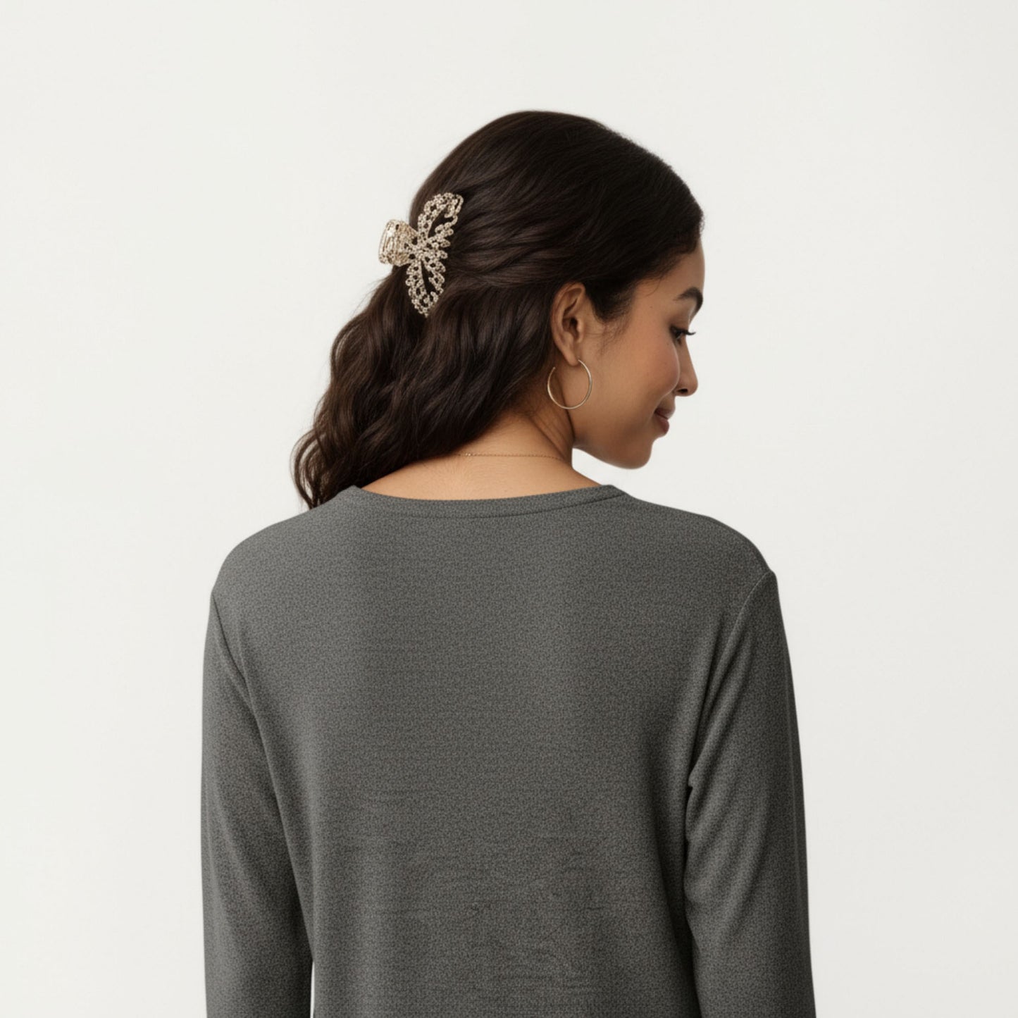 Long Sleeve V-Neck Top with Contrast Crochet Trim and Relaxed Hem