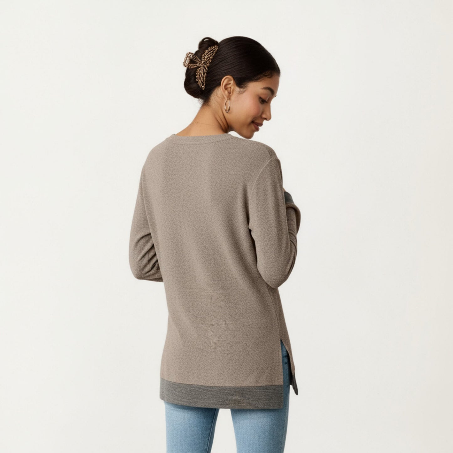 Long Sleeve V-Neck Top with Contrast Crochet Trim and Relaxed Hem