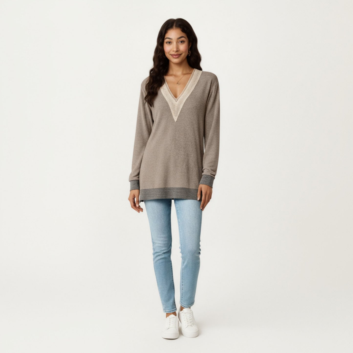 Long Sleeve V-Neck Top with Contrast Crochet Trim and Relaxed Hem