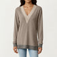 Long Sleeve V-Neck Top with Contrast Crochet Trim and Relaxed Hem