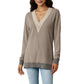 Long Sleeve V-Neck Top with Contrast Crochet Trim and Relaxed Hem