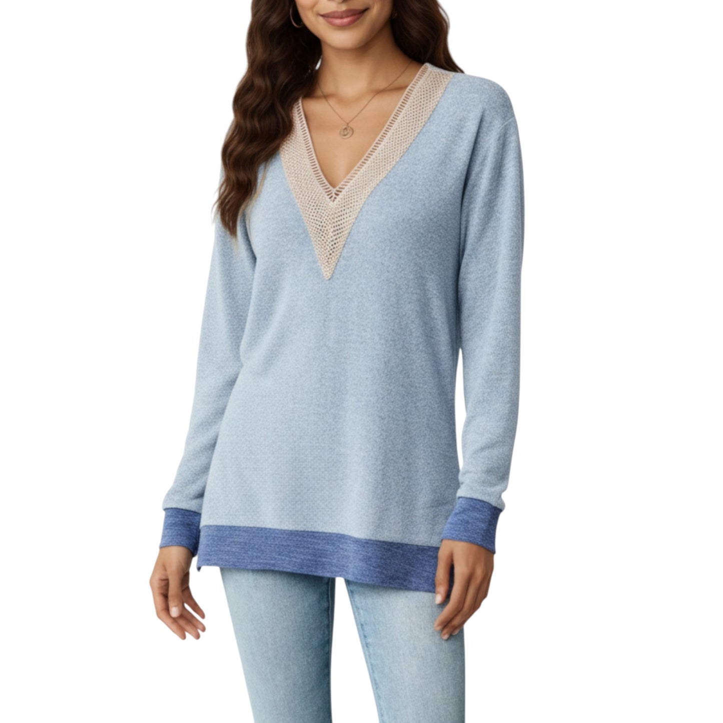 Long Sleeve V-Neck Top with Contrast Crochet Trim and Relaxed Hem