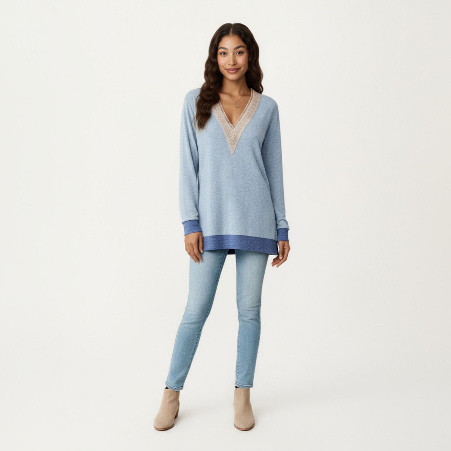 Long Sleeve V-Neck Top with Contrast Crochet Trim and Relaxed Hem