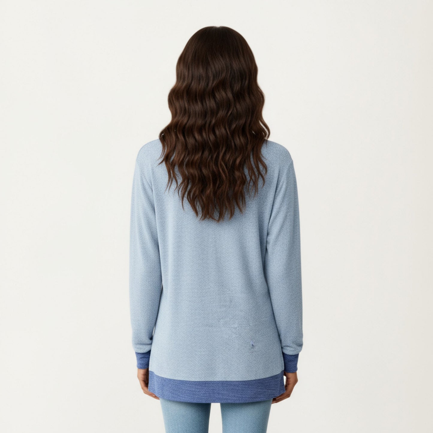 Long Sleeve V-Neck Top with Contrast Crochet Trim and Relaxed Hem