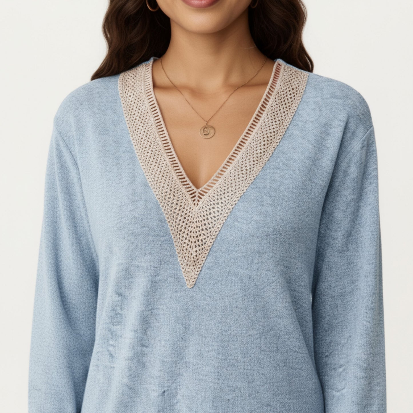 Long Sleeve V-Neck Top with Contrast Crochet Trim and Relaxed Hem