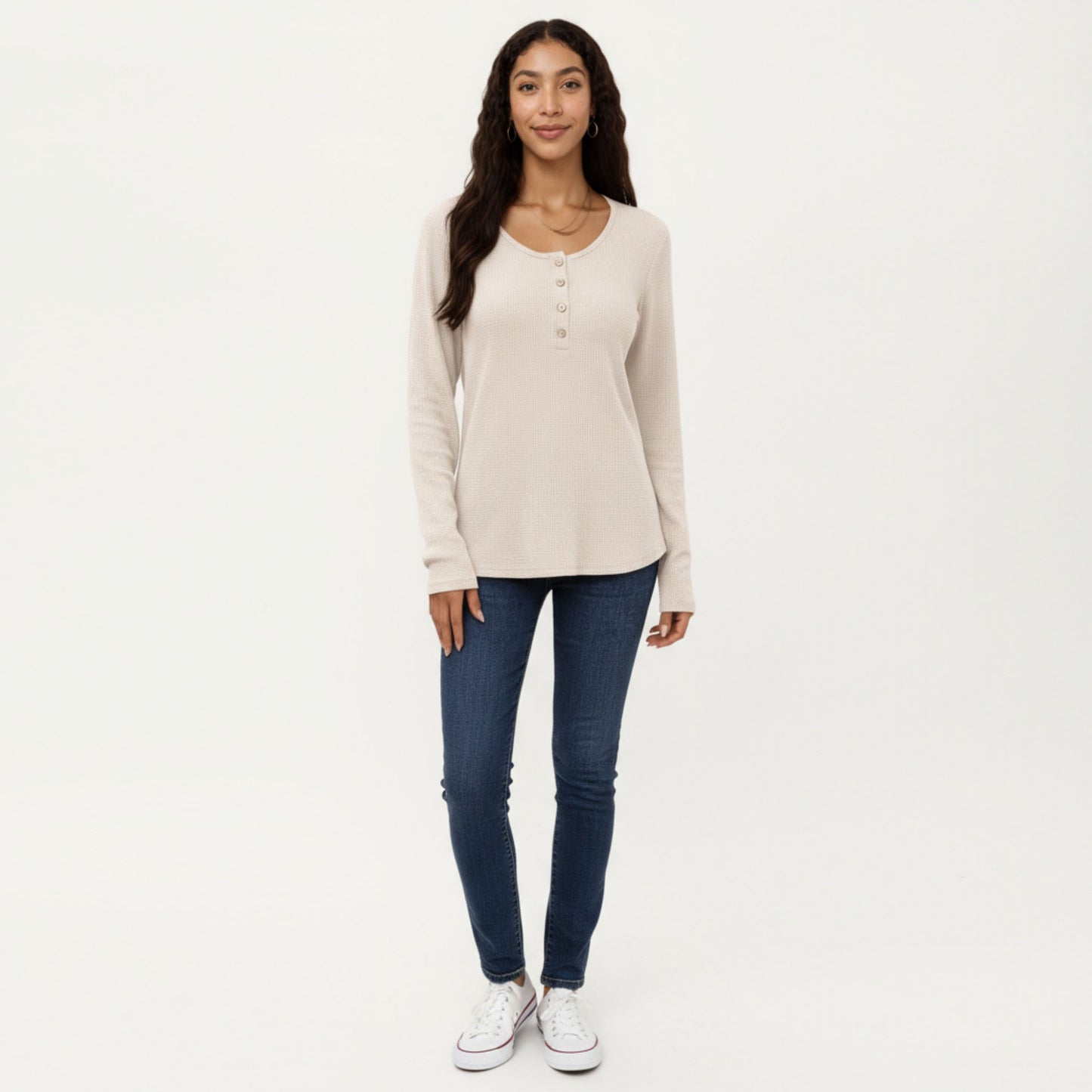 Long Sleeve Button-Front Scoop Neck Top with Textured Knit Design