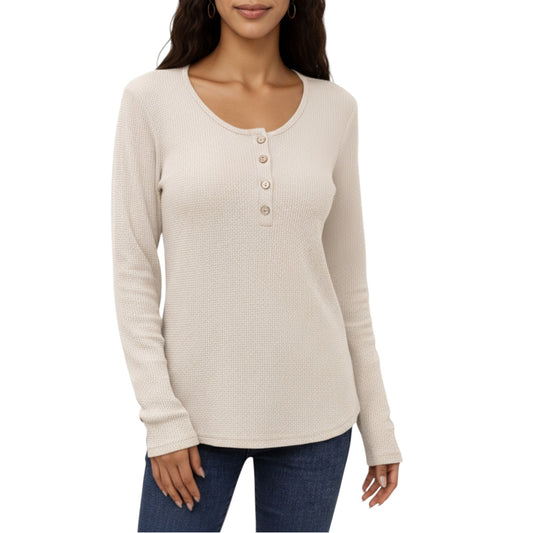 Long Sleeve Button-Front Scoop Neck Top with Textured Knit Design