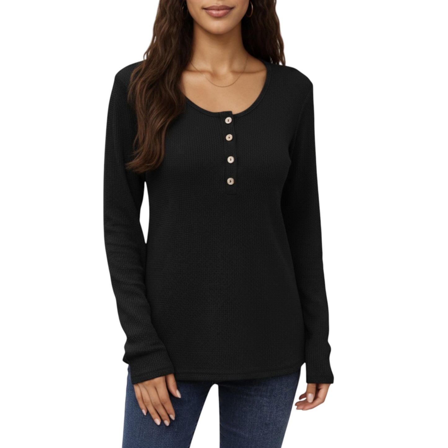 Long Sleeve Button-Front Scoop Neck Top with Textured Knit Design