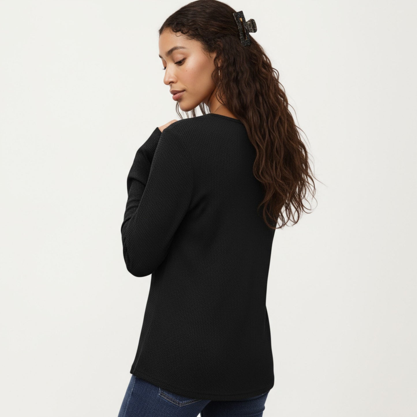 Long Sleeve Button-Front Scoop Neck Top with Textured Knit Design