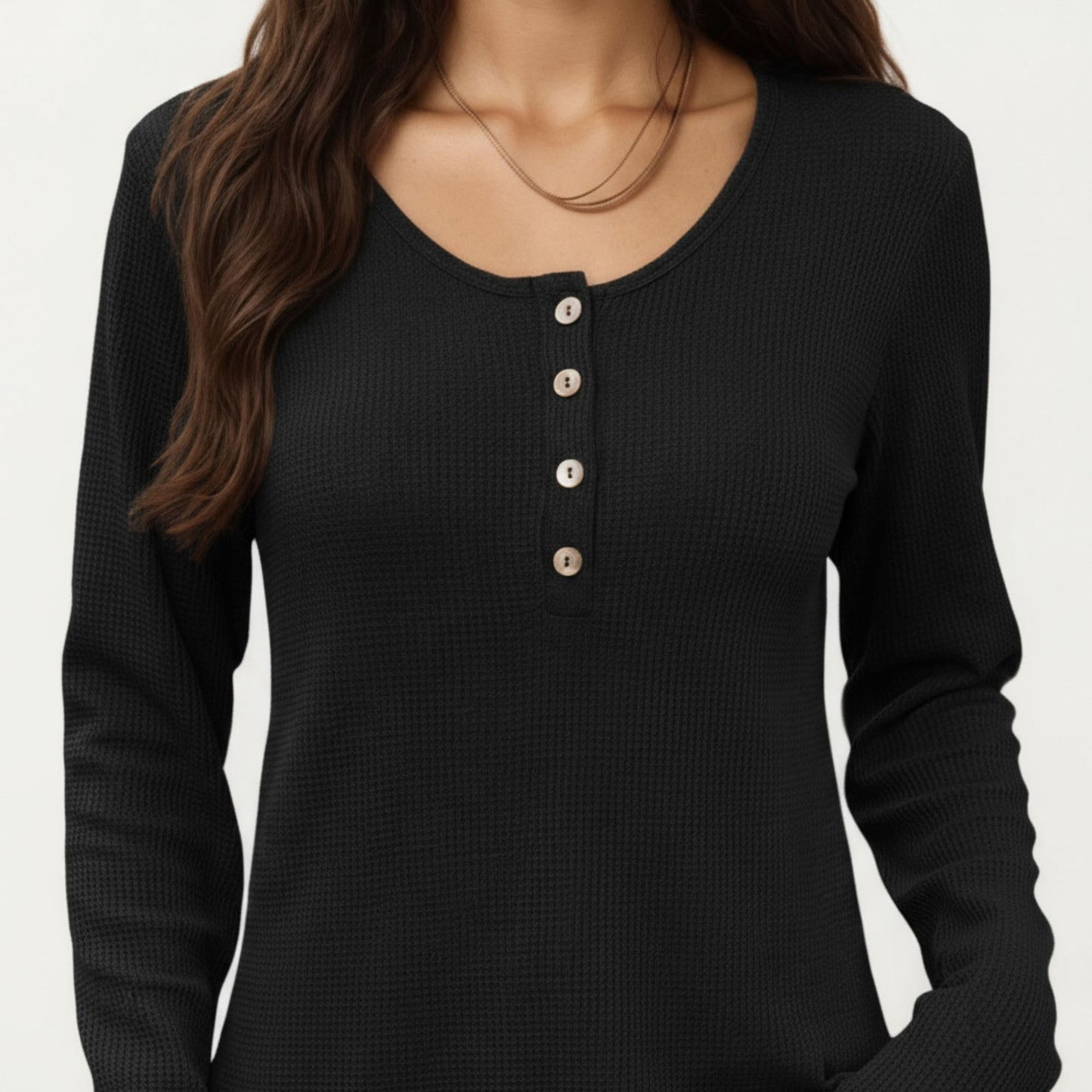 Long Sleeve Button-Front Scoop Neck Top with Textured Knit Design