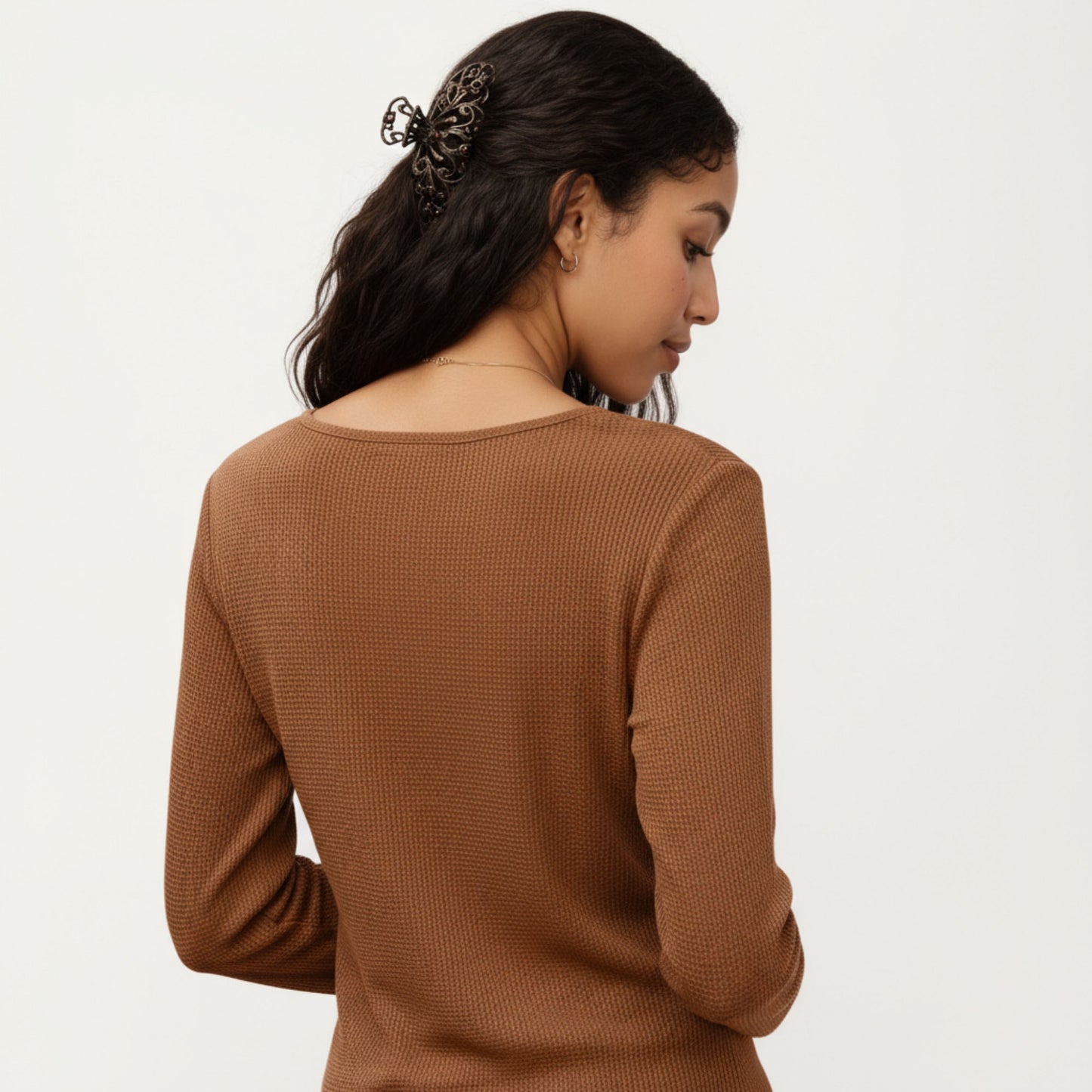 Long Sleeve Button-Front Scoop Neck Top with Textured Knit Design