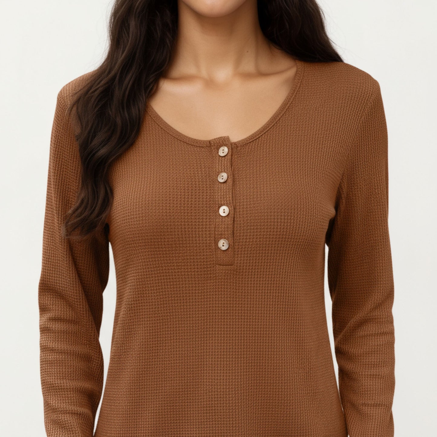 Long Sleeve Button-Front Scoop Neck Top with Textured Knit Design