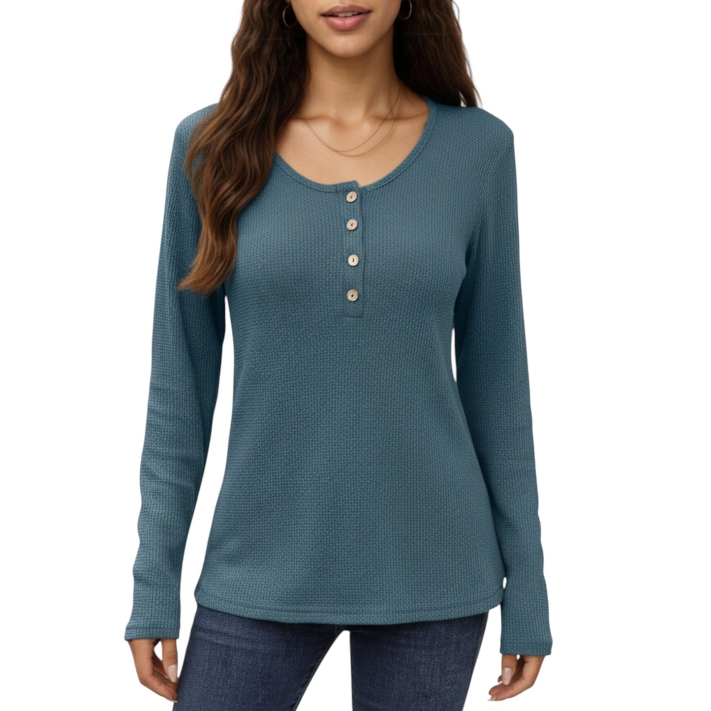 Long Sleeve Button-Front Scoop Neck Top with Textured Knit Design