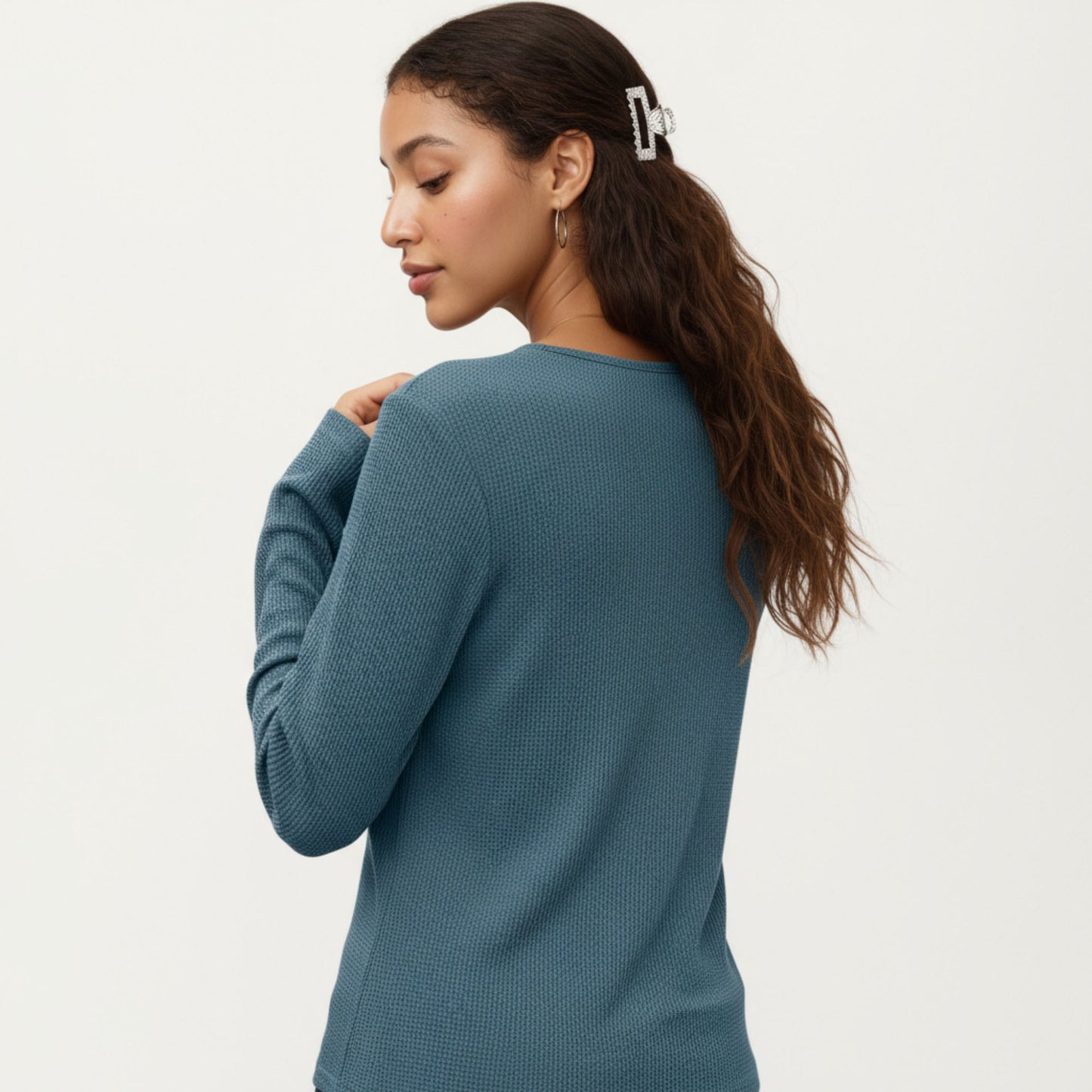 Long Sleeve Button-Front Scoop Neck Top with Textured Knit Design