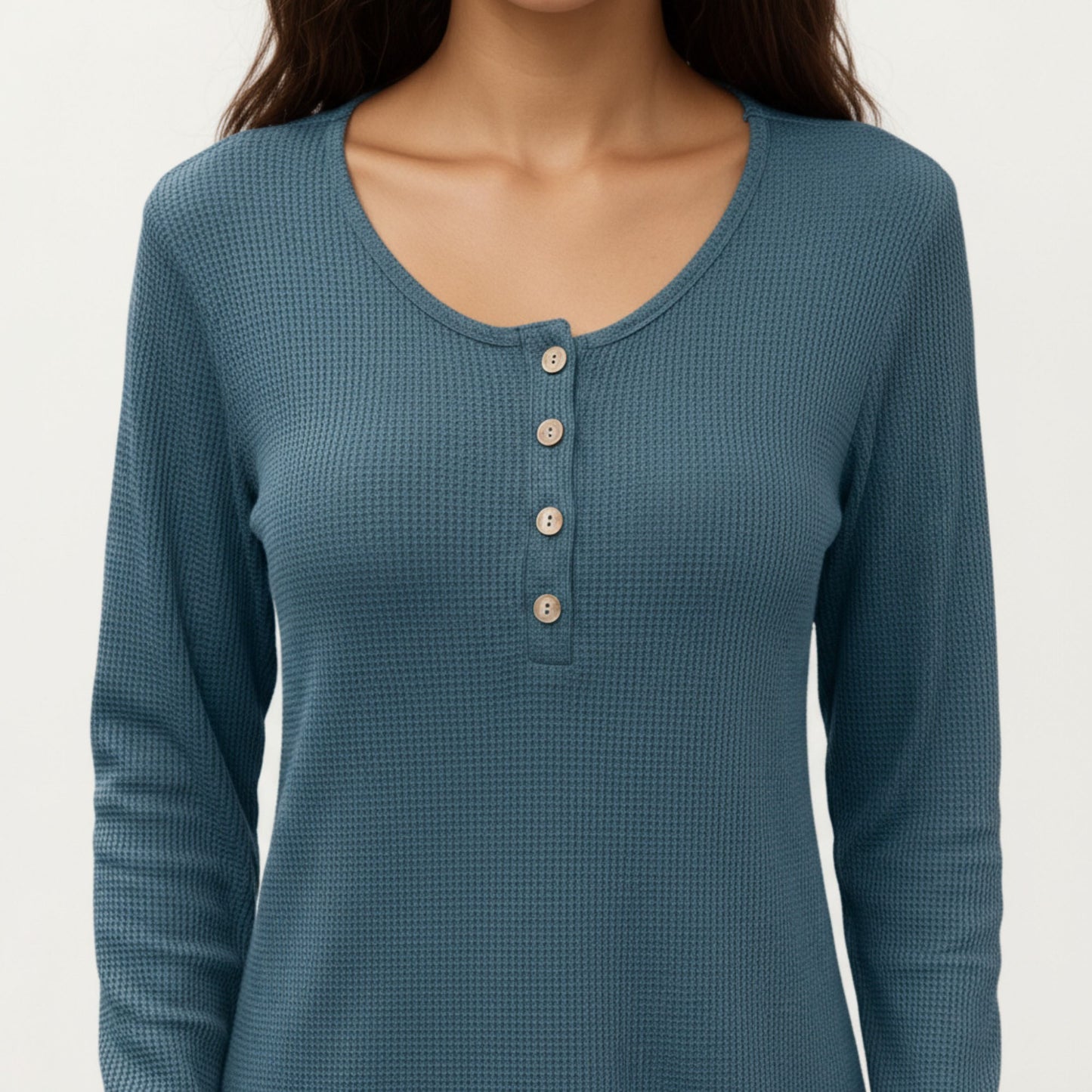 Long Sleeve Button-Front Scoop Neck Top with Textured Knit Design
