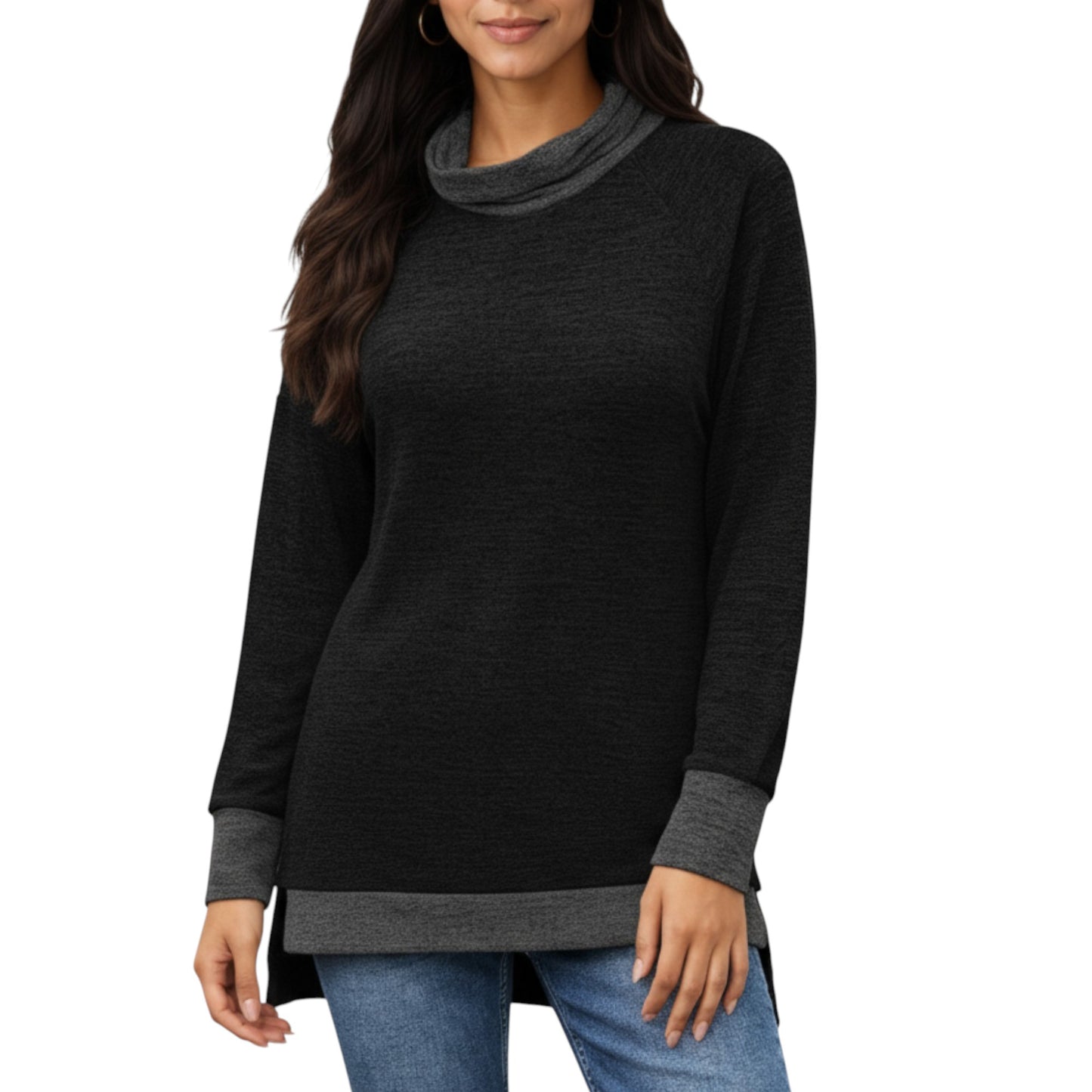 Long Sleeve Cowl Neck Top with Contrast Cuffs and Hem