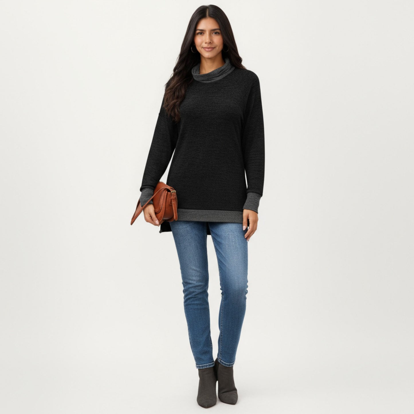 Long Sleeve Cowl Neck Top with Contrast Cuffs and Hem