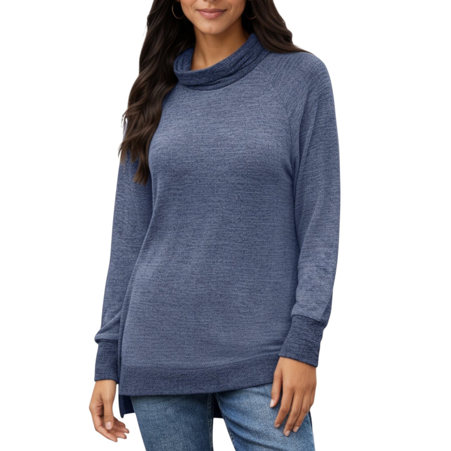 Long Sleeve Cowl Neck Top with Contrast Cuffs and Hem
