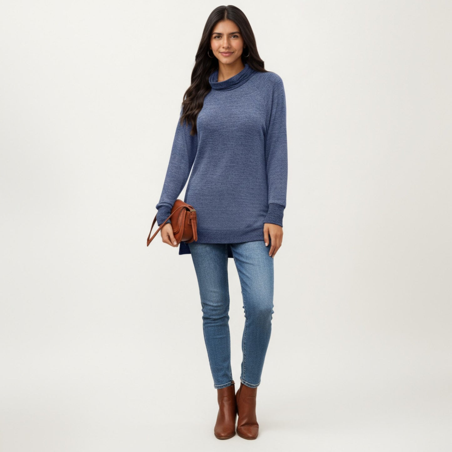 Long Sleeve Cowl Neck Top with Contrast Cuffs and Hem