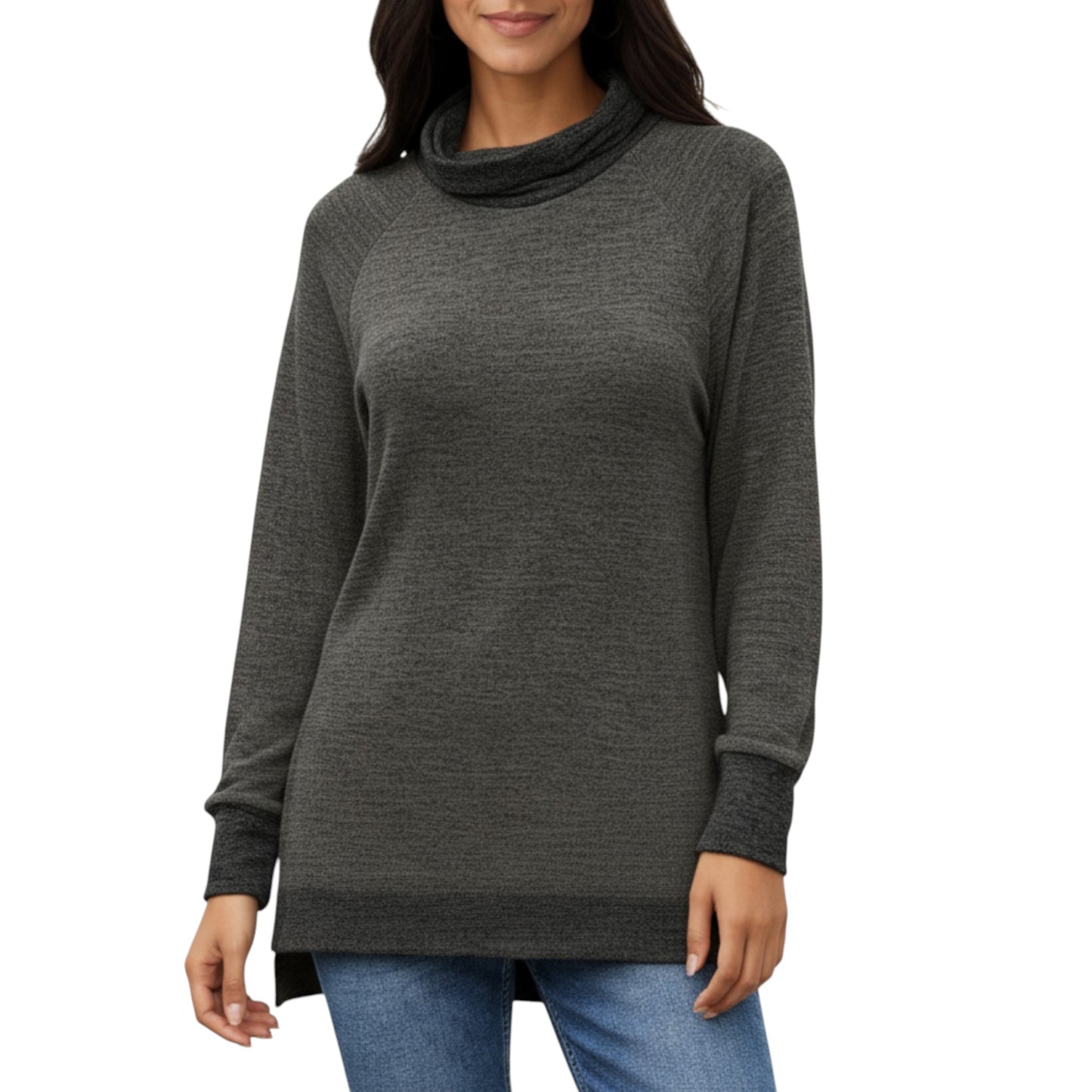 Long Sleeve Cowl Neck Top with Contrast Cuffs and Hem