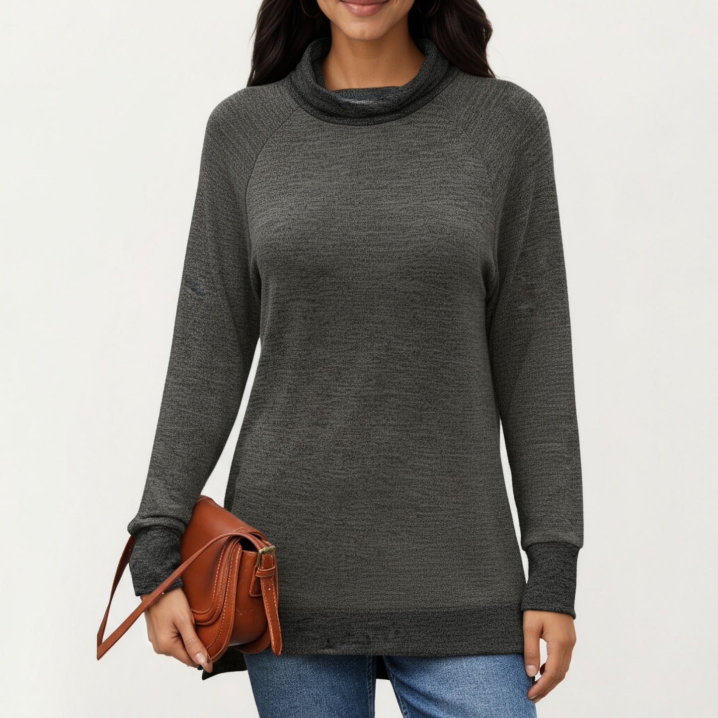Long Sleeve Cowl Neck Top with Contrast Cuffs and Hem