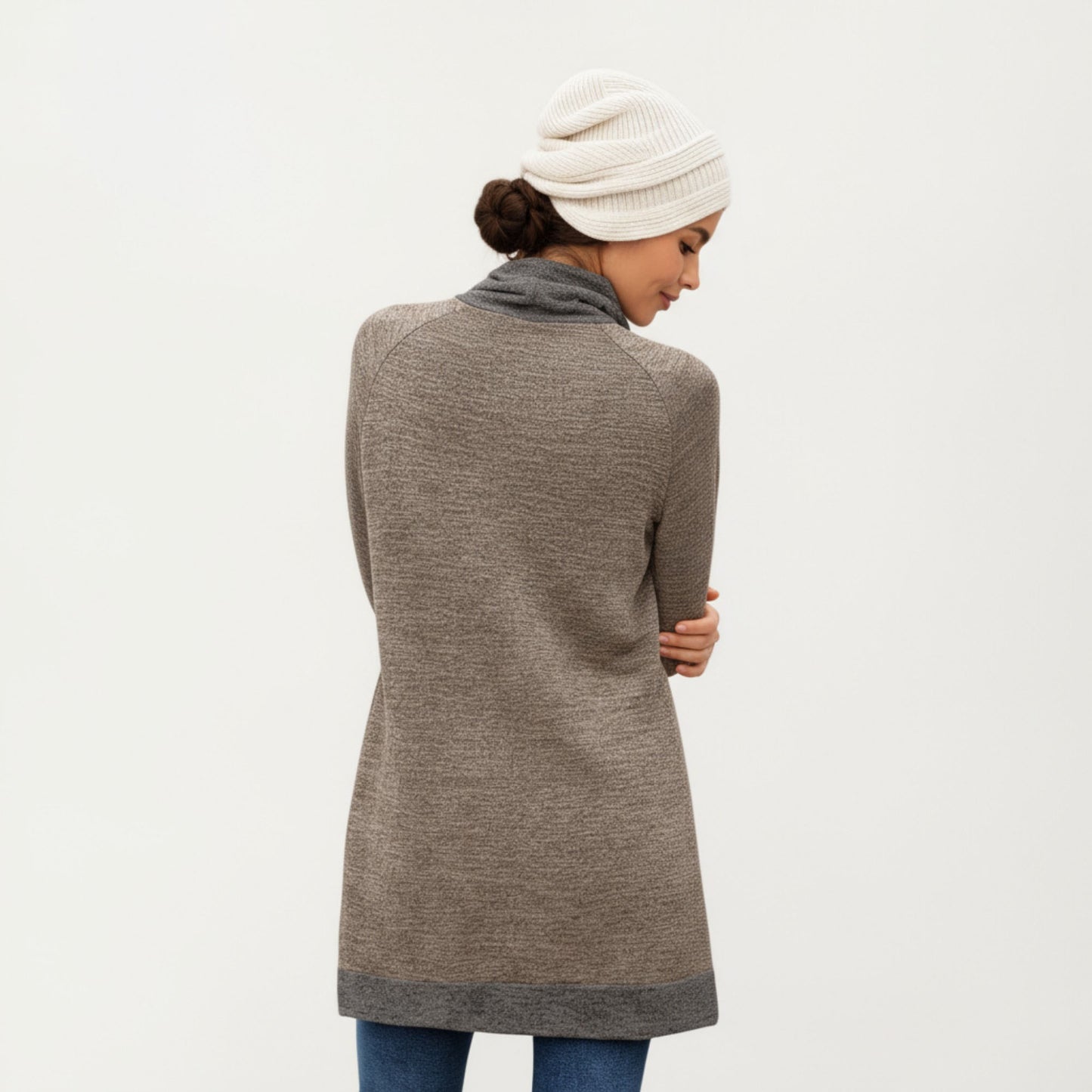 Long Sleeve Cowl Neck Top with Contrast Cuffs and Hem