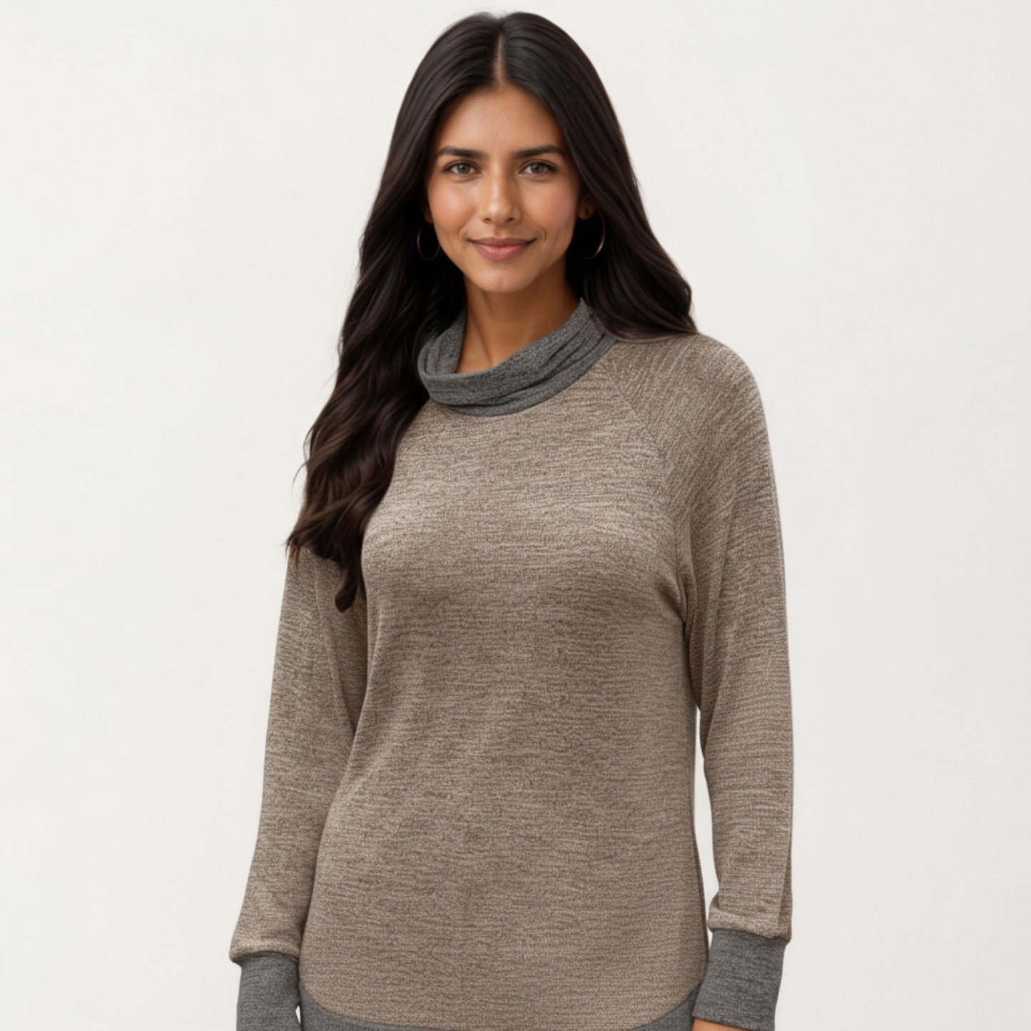 Long Sleeve Cowl Neck Top with Contrast Cuffs and Hem