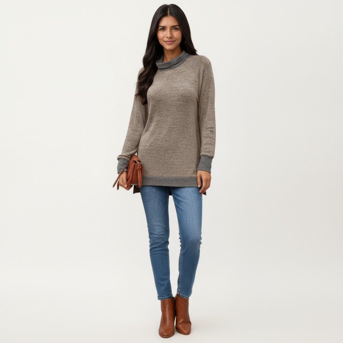 Long Sleeve Cowl Neck Top with Contrast Cuffs and Hem